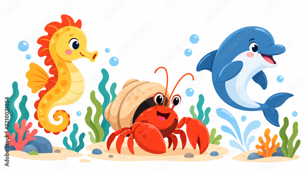 Obraz premium Underwater Sea Animals Scene, Cartoon Seahorse Hermit Crab and Dolphin Friends on Ocean Floor, Vector Illustration