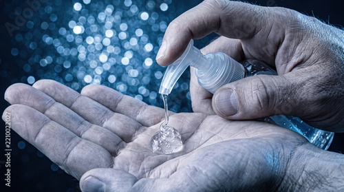 Person using antibacterial hand sanitizer gel for virus protection