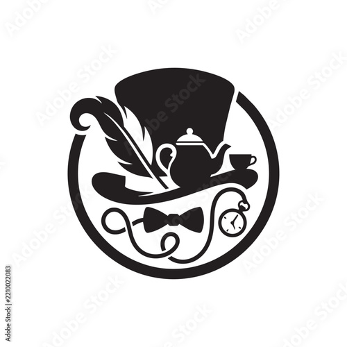 Vintage Mad Hatter Tea Party Silhouette Vector Illustration with Top Hat, Teapot, Bowtie, and Pocket Watch
