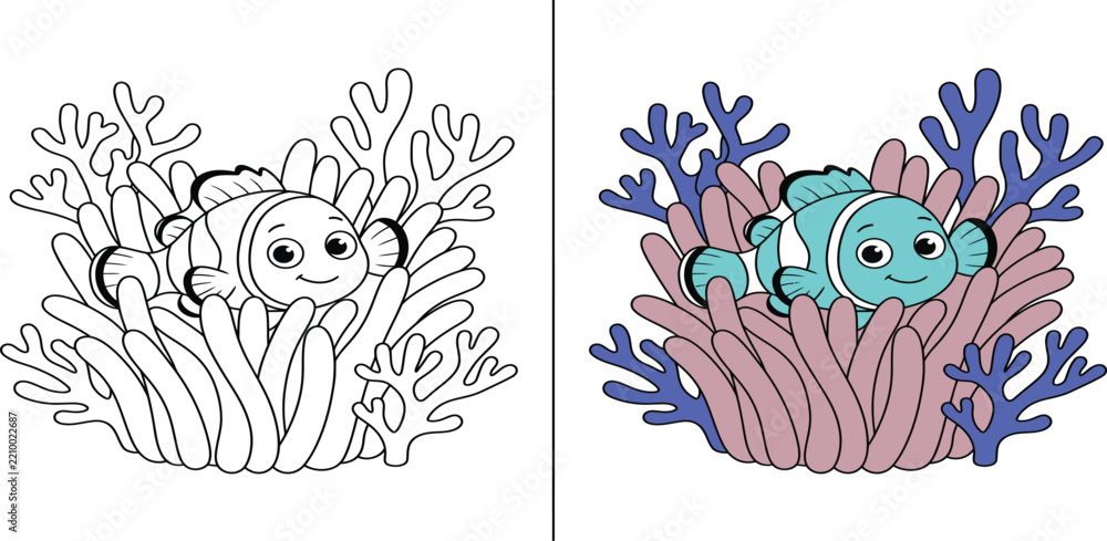 Fototapeta premium Clownfish peeking from anemone in simple flat illustration style with coloring outline