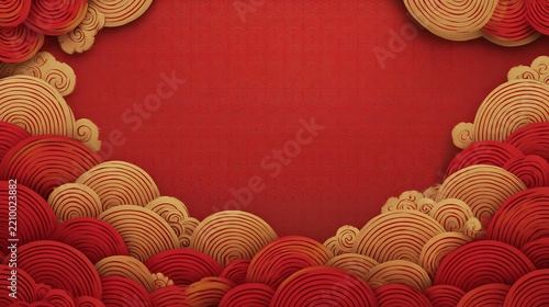 Vibrant traditional Chinese background featuring festive decorative round cloud motifs framing empty red center space nicely