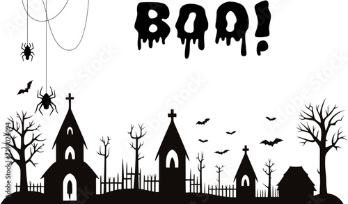 Spooky Halloween Village Silhouette with Haunted Church, Bats, Bare Trees and Spider