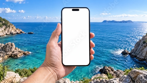Hand Holding Blank Smartphone Screen with Sunny Tropical Ocean View