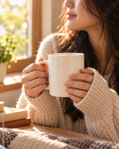 Woman Holding Blank Ceramic Mug Mockup in Cozy Morning Light