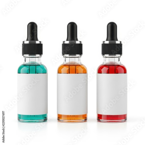 Three e-liquid bottles with dropper caps in row