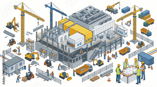 Construction Site with Workers and Heavy Machinery.