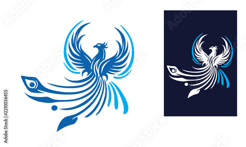 abstract blue phoenix logo, silhouette of great bird flying vector illustrations