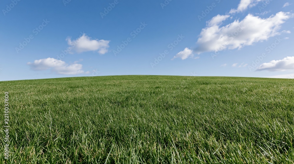 Obraz premium Wide grassy field stretching to a gently rolling horizon under a blue sky with scattered clouds
