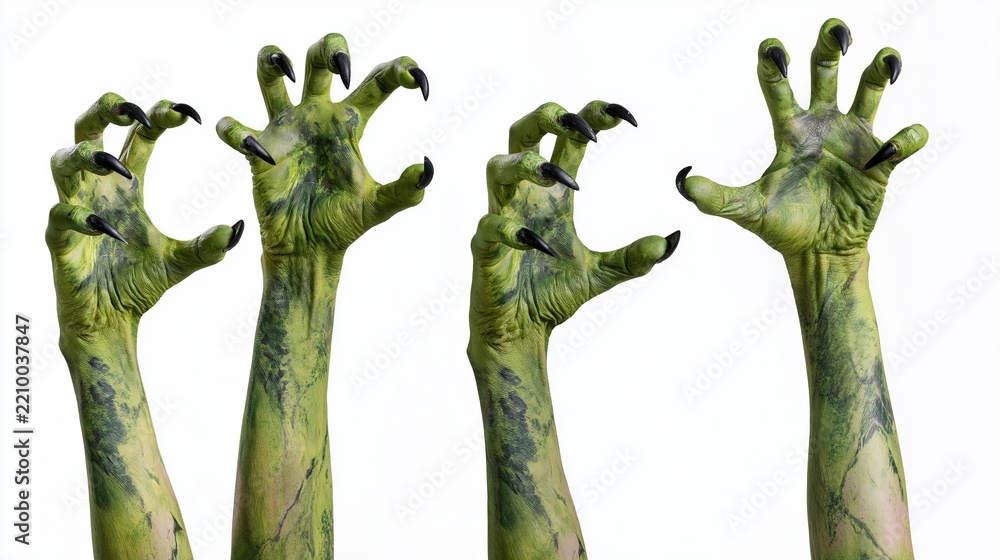 Naklejka premium Four green monster hands with long black claws reaching upward against white background