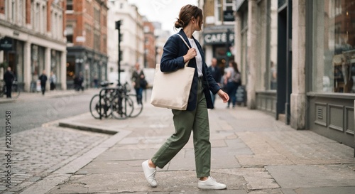 Woman Carrying Blank Canvas Tote Bag Mockup on City Street