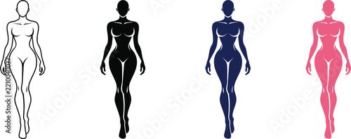 Fashion model woman walking icon set in outline and silhouette style, female body figure and catwalk vector illustration isolated on white background