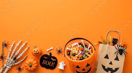 Halloween candy collection with trick or treat bag and pumpkin bucket