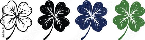Four leaf clover icon set in outline and silhouette style, lucky shamrock and Saint Patrick's Day vector illustration isolated on white background