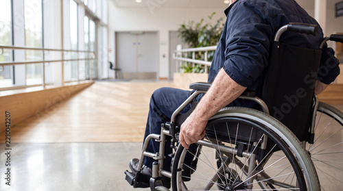 Senior Man in Wheelchair Moving Through Bright Hospital Hallway