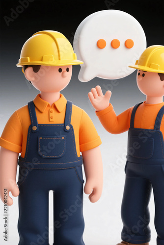 Two 3D construction workers in yellow hard hats and overalls having a conversation with speech bubble against neutral background