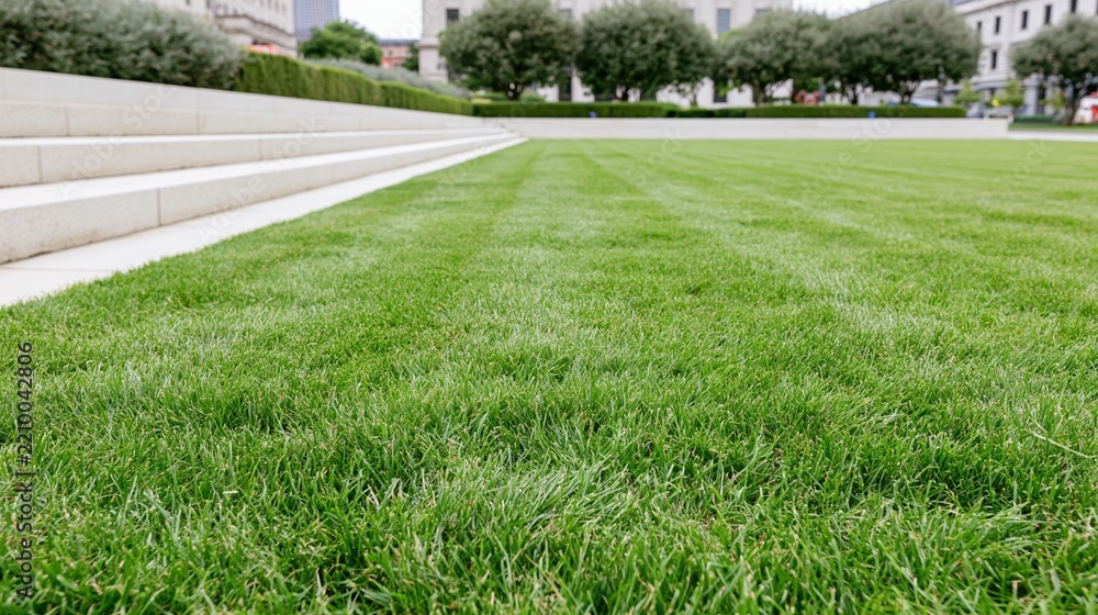 Obraz premium Freshly mowed green lawn with striped patterns beside concrete steps in an urban park