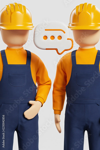 Two construction workers wearing hard hats and blue overalls discussing project plans with a speech bubble symbol between them in a 3D illustration style