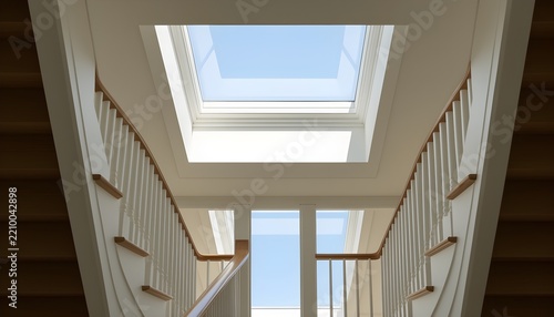 A skylight window bringing natural light into a stairwell, bright daylight