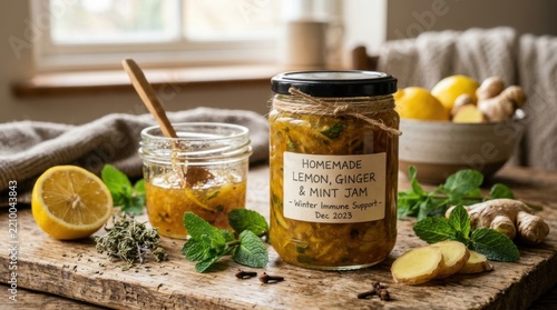 Homemade Lemon Ginger Mint Jam in Jar Natural Ingredients Healthy Food