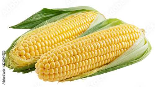 Fresh raw yellow corn cobs with green husks and silk