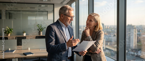 Two Business Colleagues Discussing Documents in Modern Office