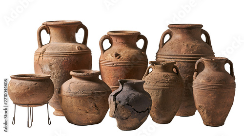 Obraz na plátně Collection of ancient rustic clay pottery vessels and broken earthenware jars