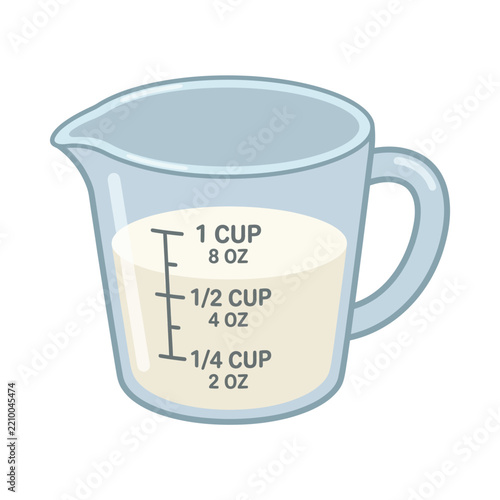 Measuring cup filled with milk showing volume measurements in cups and ounces.