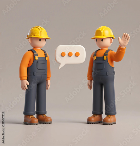 Two construction workers in hard hats and overalls having a conversation with a speech bubble icon floating between them