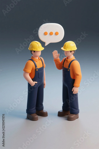 Construction workers talking together with speech bubble symbol in 3D style illustration