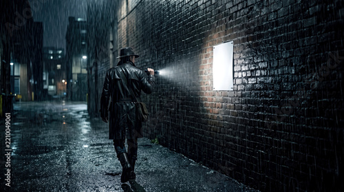 Detective walking along dark brick alleyway at night holding flashlight, cinematic noir style composition
