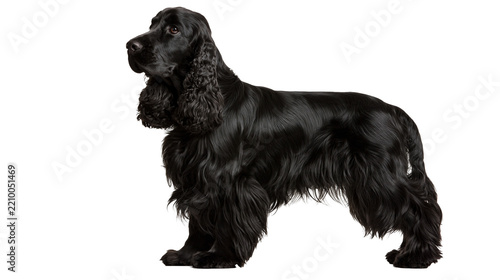 Fotografie Solid black English Cocker Spaniel dog standing in profile
