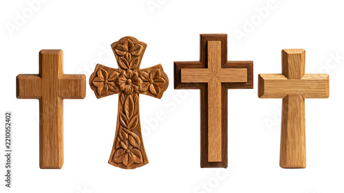 Obraz na plátně Four distinct wooden Christian crosses with carved floral and geometric patterns