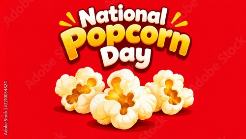 National Popcorn Day celebration graphic with stylized text and tasty popcorn kernels on red background.