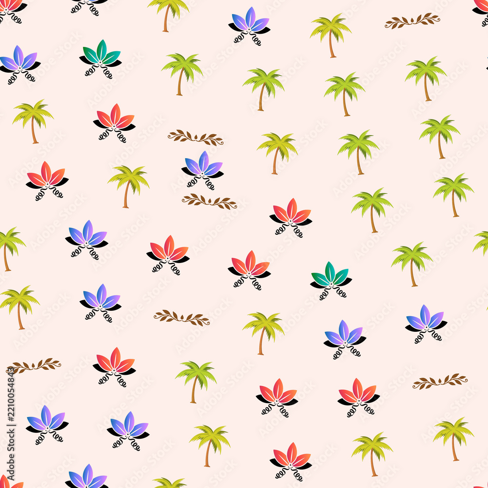 Fototapeta premium Seamless pattern with palm trees and lotus flowers