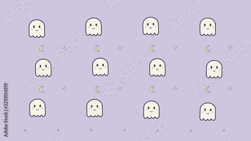 Friendly ghost wave seamless loop with cute floating ghosts, pastel Halloween colors and playful movement, charming motion background for kids parties, seasonal promos and festive digital design