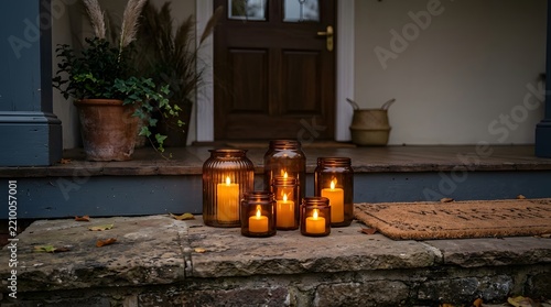 Warm lantern light illuminates a cozy stone porch with glowing candles and rustic autumn decor.