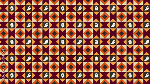 Halloween Seamless Geometric Pattern Background Video 4k with Cute White Ghosts Orange and Purple Mosaic Squares