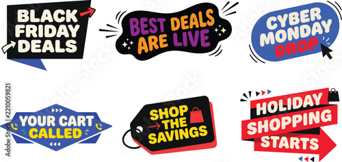 modern black friday cyber monday ecommerce button collection featuring six unique promotional call to action phrases isolated on white background