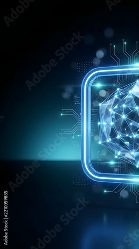 Glowing 3D Polygonal Mesh Sphere Encased in Futuristic Neon Frame Representing Artificial Intelligence and Data Processing