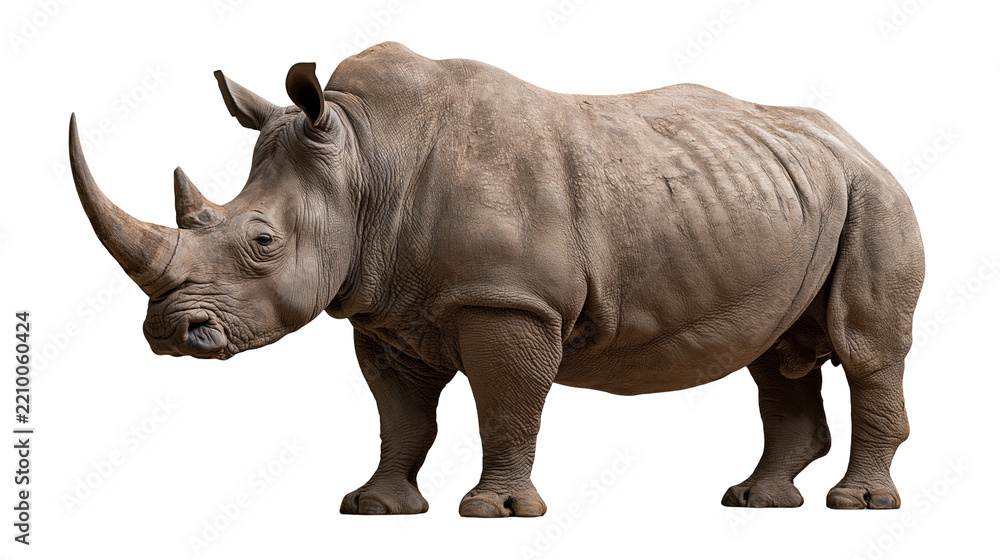 Fototapeta premium Large adult white rhinoceros standing in profile with thick grey wrinkled skin