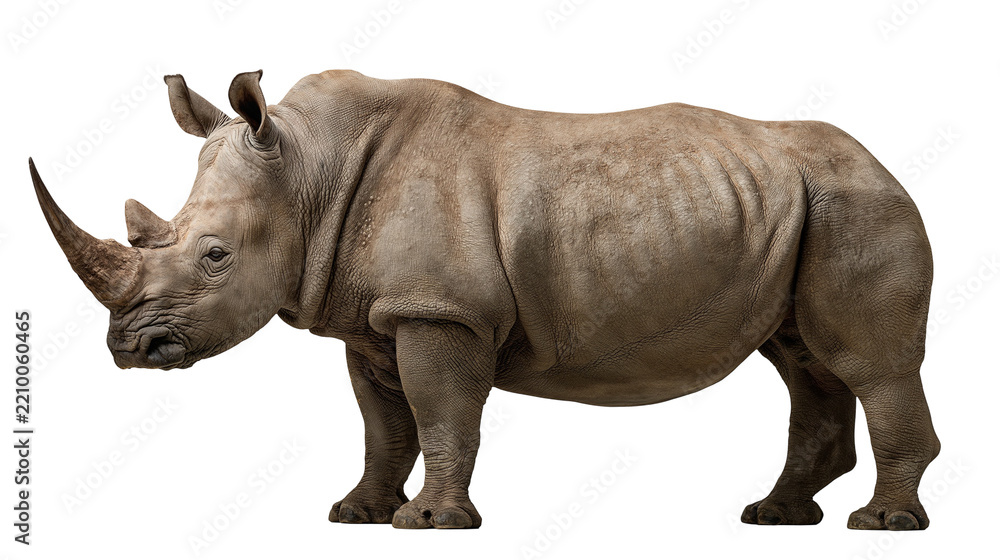 Obraz premium Large adult white rhinoceros standing in profile view with textured grey skin