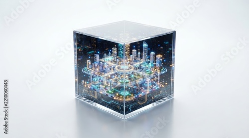 A transparent cube with a cityscape inside, emitting a glowing blue and green light.
