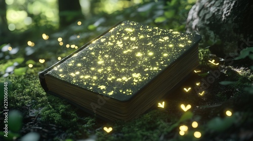 Illuminated book in enchanted forest