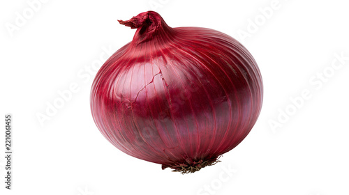 Whole fresh red onion with papery skin and fibrous root
