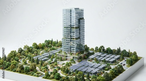 A model of a high-rise building with a green roof and surrounding greenery.