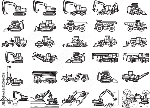 A collection of black and white line drawings showcases a variety of heavy construction equipment and vehicles used in industry and civil engineering projects, depicting excavators, loaders.