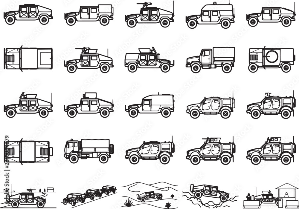 Fototapeta premium Collection of military vehicle illustrations, featuring a variety of army trucks, armored cars, and transport vehicles in different perspectives and styles.