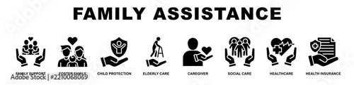 Family Assistance banner web icons set vector illustration glyph style.