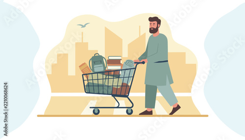 Middle eastern man wearing traditional clothing pushes a shopping cart loaded with school books and a backpack.