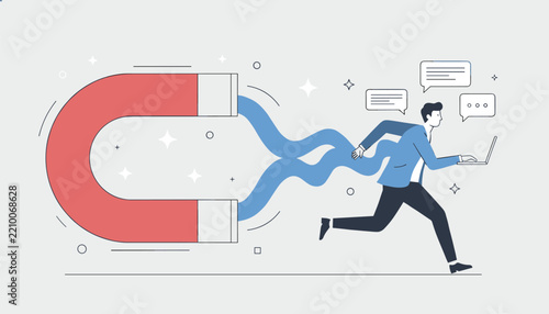 Giant business magnet attracting focused professional developer running with laptop computer in lead generation concept.